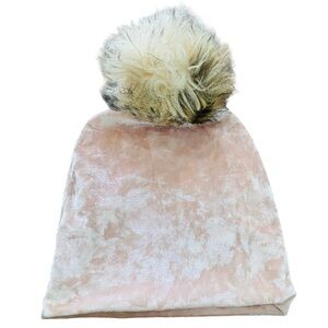 The Minted Moose Blush Pink Crushed Velvet Beanie Hat Faux Fur Pom Pom